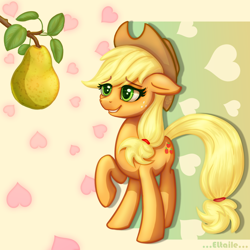 Size: 2000x2000 | Tagged: safe, artist:eltaile, character:applejack, species:earth pony, species:pony, g4, apple, clothing, cowboy hat, female, food, hat, heart, heresy, love, mare, pear, raised hoof, smiling, solo