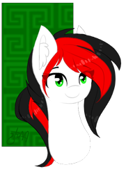 Size: 359x495 | Tagged: safe, artist:ayoarts, oc, oc only, oc:red brush, species:pony, g4, abstract background, bust, female, simple background, smiling, solo, transparent background