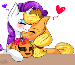 Size: 2300x2000 | Tagged: safe, artist:yoshiyoshi700, character:applejack, character:rarity, species:earth pony, species:pony, species:unicorn, ship:rarijack, g4, blushing, commission, duo, eyes closed, female, halloween, heart, holiday, jack-o-lantern, lesbian, nuzzling, pumpkin, shipping