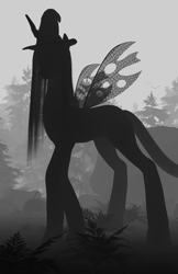 Size: 2151x3319 | Tagged: safe, artist:radiomann01, character:queen chrysalis, species:changeling, g4, 3d, bat, bedroom eyes, black and white, blood moon, changeling queen, clothing, crossed legs, detailed background, fangs, female, fern, fog, forest, grayscale, halloween, hat, holiday, horn, jack-o-lantern, looking at you, mane, monochrome, moon, pumpkin, render, silhouette, solo, spread legs, spreading, stone, tail, tree, wings, witch hat