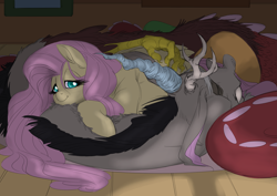 Size: 4093x2894 | Tagged: safe, artist:snspony, character:discord, character:fluttershy, species:draconequus, species:pegasus, species:pony, ship:discoshy, g4, cuddling, female, male, pregnant, shipping, straight