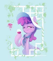 Size: 2232x2568 | Tagged: safe, artist:anotherdeadrat, character:berry punch, character:berryshine, species:earth pony, species:pony, g4, alcohol, clothing, female, food, glass, grapes, hat, high res, hoof hold, lidded eyes, neckerchief, redraw, solo, wine, wine glass