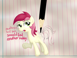 Size: 4032x3024 | Tagged: safe, artist:background basset, derpibooru original, character:roseluck, species:pony, g4, dialogue, drawing, drawn into existence, female, implied human, offscreen character, paper, pencil, self deprecation, solo, text