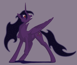 Size: 1920x1611 | Tagged: safe, artist:nebulastar985, oc, oc only, oc:midnight star, species:alicorn, species:pony, fanfic:midnight star, g4, alicorn oc, ethereal mane, female, galaxy mane, grin, horn, mare, purple background, raised hoof, simple background, smiling, solo, wings