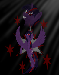 Size: 1497x1920 | Tagged: safe, artist:nebulastar985, oc, oc:midnight star, species:alicorn, species:pony, fanfic:midnight star, g4, alicorn oc, bust, fanfic, fanfic art, fanfic cover, female, flying, grin, horn, looking up, mare, not brutalight sparcake, not twilight sparkle, not twivine sparkle, smiling, wings