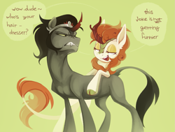 Size: 1413x1067 | Tagged: safe, artist:anotherdeadrat, character:autumn blaze, character:king sombra, species:kirin, species:pony, species:unicorn, g4, dialogue, duo, female, lidded eyes, male, open mouth, redraw, speech bubble, stallion