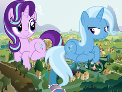Size: 1280x968 | Tagged: safe, artist:agent751, artist:famousmari5, artist:hellswolfeh, character:starlight glimmer, character:trixie, oc, oc:checkerboard, species:pony, ship:startrix, g4, behaving like a cat, female, giant pony, giant unicorn, giantess, lesbian, macro, shipping