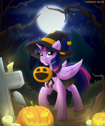 Size: 2160x2610 | Tagged: safe, artist:strafe blitz, character:twilight sparkle, character:twilight sparkle (alicorn), species:alicorn, species:pony, species:unicorn, g4, candle, cape, clothing, costume, ear fluff, female, forest, full moon, gravestone, halloween, halloween costume, hat, high res, holiday, jack-o-lantern, moon, mouth hold, nightmare night, pumpkin, pumpkin bucket, sky, solo, tombstones, tree, tree branch, witch, witch hat