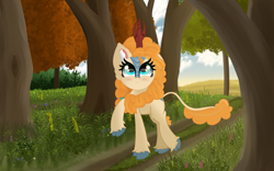 Size: 8000x5000 | Tagged: safe, artist:windykirin, character:pear butter, species:kirin, g4, absurd resolution, blushing, cloud, female, forest, grass, kirin-ified, mare, scenery, smiling, solo, species swap, tree