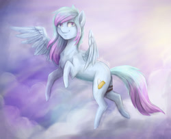 Size: 2999x2439 | Tagged: safe, artist:cvanilda, oc, oc only, species:pegasus, species:pony, g4, flying, pegasus oc, sky, smiling, solo, tail, wings