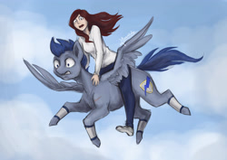 Size: 3508x2480 | Tagged: safe, artist:cvanilda, oc, oc only, oc:blue thunder, species:human, species:pegasus, species:pony, g4, clothing, cloud, duo, flying, male, pegasus oc, pony sized pony, riding a pony, scared, stallion, wide eyes, wings