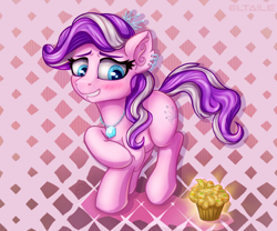 Size: 3000x2500 | Tagged: safe, artist:eltaile, character:diamond tiara, species:pony, g4, blushing, chains, cupcake, diamond, female, food, jewelry, nervous, piercing, shy, smiling, solo, tiara
