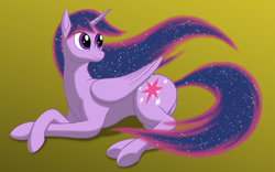 Size: 2000x1250 | Tagged: safe, artist:nebulastar985, character:twilight sparkle, character:twilight sparkle (alicorn), species:alicorn, species:pony, fanfic:midnight star, g4, ethereal mane, female, galaxy mane, gradient background, looking back, lying down, mare, prone, smiling, solo, ultimate twilight, underhoof
