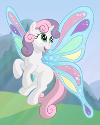 Size: 1528x1920 | Tagged: safe, artist:nebulastar985, character:sweetie belle, species:pony, g4, butterfly wings, female, filly, flying, looking back, looking up, outdoors, solo, wings