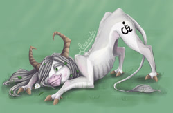 Size: 2963x1938 | Tagged: safe, artist:cvanilda, oc, oc only, species:pony, g4, face down ass up, horns, leonine tail, original species, solo