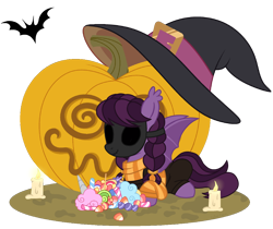 Size: 1200x1007 | Tagged: safe, artist:pgthehomicidalmaniac, oc, oc only, oc:trickster treat, species:bat pony, species:pony, g4, candle, candy, clothing, female, food, halloween, hat, holiday, jack-o-lantern, lying down, mare, mask, prone, pumpkin, simple background, solo, transparent background, witch hat