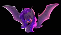 Size: 1575x911 | Tagged: safe, artist:another_pony, character:flutterbat, character:fluttershy, species:bat pony, species:pegasus, species:pony, g4, bat ponified, bust, fangs, female, lidded eyes, looking at you, mare, race swap, smiling, solo, spread wings, wings