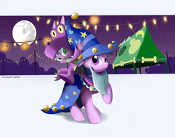 Size: 4136x3256 | Tagged: safe, artist:vinilyart, character:spike, character:twilight sparkle, character:twilight sparkle (unicorn), species:dragon, species:pony, species:unicorn, g4, clothing, costume, cute, dragon costume, halloween, halloween costume, holiday, male, mare in the moon, moon, night, nightmare night, spikabetes, star swirl the bearded costume, twiabetes