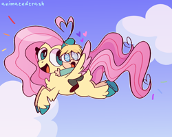 Size: 1000x800 | Tagged: safe, artist:rubyg242, character:fluttershy, species:pegasus, species:pony, g4, butters stotch, crossover, flying, humans riding ponies, riding, south park