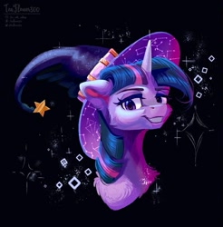 Size: 595x604 | Tagged: safe, artist:teaflower300, character:twilight sparkle, species:pony, g4, bust, clothing, female, halloween, hat, holiday, lidded eyes, mare, portrait, smiling at you, solo, witch hat