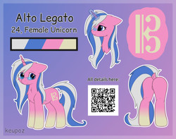 Size: 2600x2048 | Tagged: safe, artist:keupoz, oc, oc only, oc:alto legato, species:pony, species:unicorn, g4, abstract background, butt, commission, cute, glasses, qr code, reference sheet, text