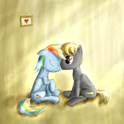 Size: 1500x1500 | Tagged: safe, artist:vunlinur, character:rainbow dash, oc, species:pegasus, species:pony, g4, canon x oc, eyes closed, female, heart, male, straight