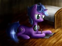 Size: 1600x1200 | Tagged: safe, artist:vunlinur, oc, oc only, species:pony, species:unicorn, g4, bed, female, pencil, solo, writing