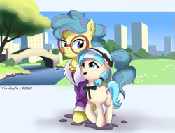 Size: 921x702 | Tagged: safe, artist:vinilyart, character:charity kindheart, character:coco pommel, species:earth pony, species:pony, episode:made in manehattan, g4, my little pony: friendship is magic, bow tie, charity kindheart, clothing, cute, duo, female, filly, glasses, hat, looking at each other, mare, smiling, string tie, younger