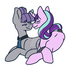Size: 400x400 | Tagged: safe, artist:firefox238, artist:skysartstudio, base used, character:maud pie, character:starlight glimmer, species:earth pony, species:pony, species:unicorn, cometverse, g4, alternate hairstyle, bandage, boop, deviantart watermark, eyeshadow, female, glasses, lesbian, makeup, mare, necktie, noseboop, nuzzling, obtrusive watermark, shipping, simple background, starmaud, transparent background, watermark