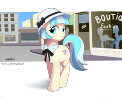 Size: 883x711 | Tagged: safe, artist:vinilyart, character:coco pommel, species:earth pony, species:pony, g4, bow tie, cityscape, clothing, cocobetes, collar, cute, cutie mark, eyebrows, eyelashes, female, floppy ears, hat, mare, ribbon, road, shadow, smiling, solo, string tie, tail