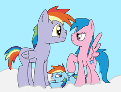 Size: 431x326 | Tagged: safe, artist:graciegirl328, character:firefly, character:rainbow blaze, character:rainbow dash, species:pegasus, species:pony, ship:fireblaze, g1, g4, female, filly, firefly as rainbow dash's mom, foal, g1 to g4, generation leap, male, mare, raised hoof, shipping, stallion, straight, trio
