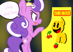 Size: 700x500 | Tagged: safe, artist:emmymew13, character:screwball, arcade, ask, child of chaos, clothing, game, gaming, hat, pac-colt, pac-man, ponified, propeller hat, sports, style emulation, swirly eyes, tumblr