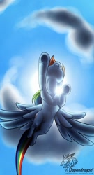 Size: 800x1485 | Tagged: safe, artist:chubby-kirin, character:rainbow dash, species:pegasus, species:pony, backlighting, cloud, cloudy, female, flying, low angle, mare, sky, solo, sun, wings