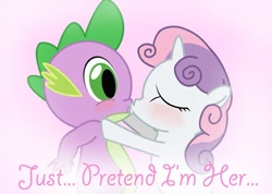 Size: 600x428 | Tagged: safe, artist:gimpcowking, character:spike, character:sweetie belle, ship:spikebelle, blushing, female, implied rarity, kissing, male, shipping, straight