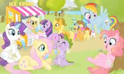 Size: 1500x900 | Tagged: safe, artist:elenaboosy, character:apple bloom, character:applejack, character:bon bon, character:derpy hooves, character:doctor whooves, character:fluttershy, character:lyra heartstrings, character:pinkie pie, character:rainbow dash, character:rarity, character:scootaloo, character:spike, character:sweetie belle, character:sweetie drops, character:time turner, character:twilight sparkle, oc, species:pegasus, species:pony, bench, blowing bubbles, bubble, cutie mark crusaders, female, food, ice cream, ice cream stand, mane seven, mane six, mare, outdoors, park, popsicle, sea salt ice cream, stall