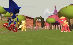 Size: 1280x800 | Tagged: safe, artist:dirtpeanut, character:apple bloom, character:applejack, character:big mcintosh, character:cheerilee, species:earth pony, species:pony, 3d, crossover, gmod, male, metal sonic, sonic the hedgehog (series), stallion