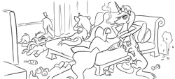 Size: 1000x457 | Tagged: safe, artist:blubhead, character:applejack, character:fluttershy, character:pinkie pie, character:princess luna, character:rainbow dash, character:twilight sparkle, princess molestia, cigarette, lineart, monochrome, ruined for marriage, sketch, smoking