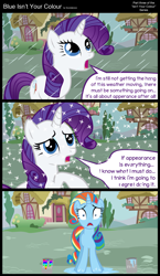 Size: 1920x3320 | Tagged: safe, artist:scootaloooo, character:rarity, comic, isn't your color, paint, paint on fur, rain, snow, snowfall, swapped cutie marks