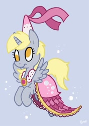 Size: 528x745 | Tagged: safe, artist:kiguren, character:derpy hooves, species:alicorn, species:pony, alicornified, blue background, bubble, clothing, derpicorn, dress, female, mare, muffin queen, princess, race swap, simple background, solo
