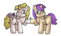 Size: 600x350 | Tagged: safe, artist:ratdust, character:alula, character:pluto, character:princess erroria, character:surprise, species:alicorn, species:pony, g1, g4 to g1, generation leap, hoofbump, pluto, princess surprise, simple background, transparent background