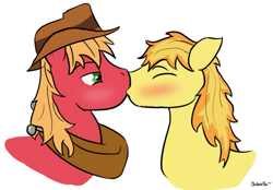 Size: 1121x778 | Tagged: safe, artist:bobarella, character:big mcintosh, character:braeburn, species:earth pony, species:pony, ship:braemac, applecest, blushing, gay, incest, kissing, male, shipping, stallion
