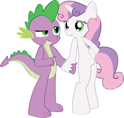 Size: 3048x2897 | Tagged: safe, artist:hoodie-stalker, character:spike, character:sweetie belle, species:dragon, species:pony, species:unicorn, ship:spikebelle, bipedal, cute, duo, female, holding hands, hoof on hip, male, older, older spike, older sweetie belle, pointing, semi-anthro, shipping, simple background, smiling, straight, teenager, transparent background, vector