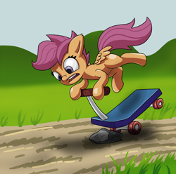 Size: 1000x991 | Tagged: dead source, safe, artist:phoenix-conrad, character:scootaloo, species:pegasus, species:pony, crash, female, filly, impending disaster, scooter, solo