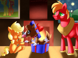 Size: 1024x768 | Tagged: safe, artist:lunchwere, character:applejack, character:big mcintosh, character:winona, species:dog, bow, cute, filly, fireplace, licking, portrait, present, puppy