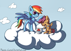 Size: 1260x900 | Tagged: dead source, safe, artist:phoenix-conrad, character:rainbow dash, character:scootaloo, bandage, bandaid, cloud, cloudy, duo, eyes closed, first aid kit, on a cloud, open mouth, scootalove
