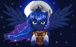 Size: 3263x2051 | Tagged: safe, artist:halotheme, character:princess luna, blushing, female, heart, looking at you, solo, spread wings, wings