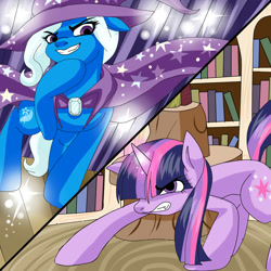 Size: 2000x2000 | Tagged: safe, artist:animecreator, character:trixie, character:twilight sparkle, angry, floppy ears, glare, golden oaks library, grin, gritted teeth, library, magic, smiling, stage, standoff