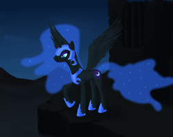 Size: 2048x1621 | Tagged: safe, artist:mindlesshead, character:nightmare moon, character:princess luna, species:alicorn, species:pony, cliff, ethereal mane, female, helmet, hoof shoes, mare, peytral, smiling, solo, spread wings, wings
