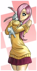 Size: 2255x4304 | Tagged: safe, artist:arucardpl, character:angel bunny, character:fluttershy, clothing, hug, humanized, skinny, skirt, sweater, sweatershy