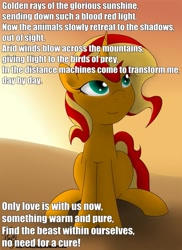 Size: 727x1000 | Tagged: safe, artist:bronyfang, character:sunset shimmer, species:pony, female, image macro, metal gear, metal gear rising, solo, song reference, sun, sundowner, sunset, sunshine shimmer, text